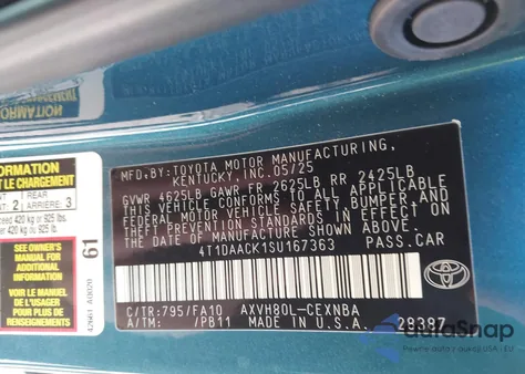 2025 Toyota Camry Le из США, поврежденный, VIN 4T1DAACK1SU167363